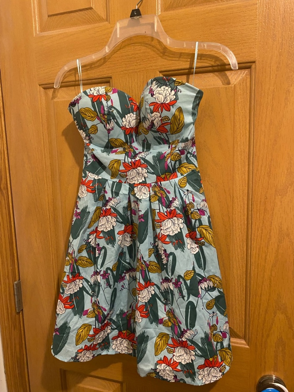 Say What? Strapless Floral Print Dress in Light Blue, Red, White
